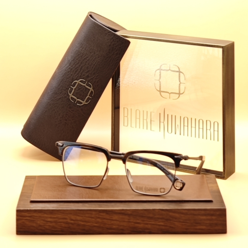 Blake Kuwahara BK 1008 mixed-material rectangular glasses with a black metal lower rim and thick dark acetate browline.