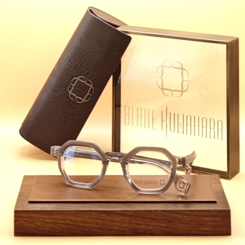 Blake Kuwahara BK 1034 geometric octagonal glasses in a thick, frosted semi-translucent grey acetate.
