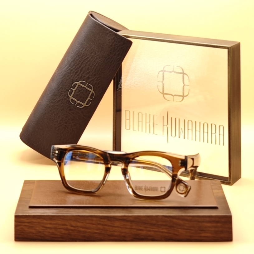 Blake Kuwahara's Corbet bold square glasses in classic brown tortoise shell acetate with thick, sculpted temples.