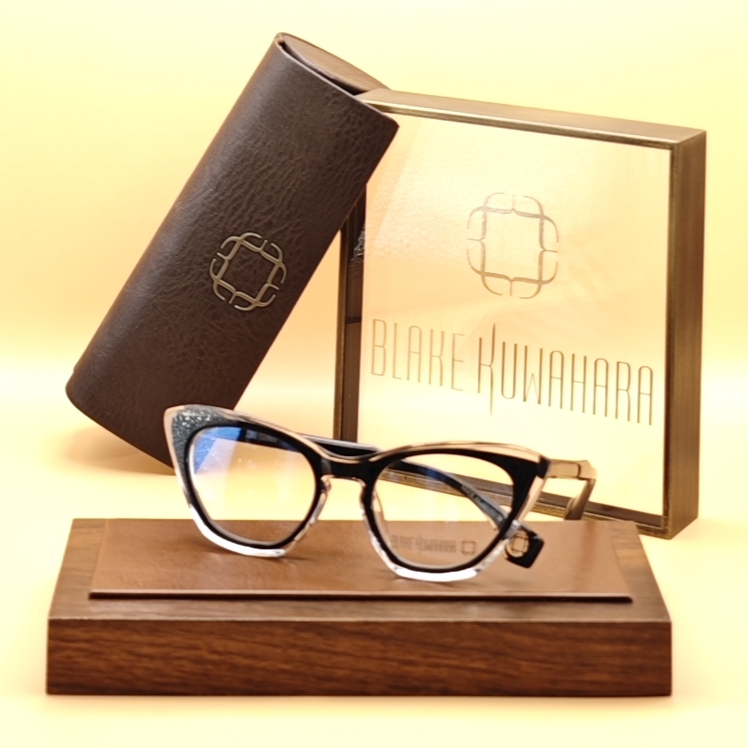 Blake Kuwahara's Frey dramatic cat-eye glasses in black acetate with a unique speckled/glitter finish on the browline.