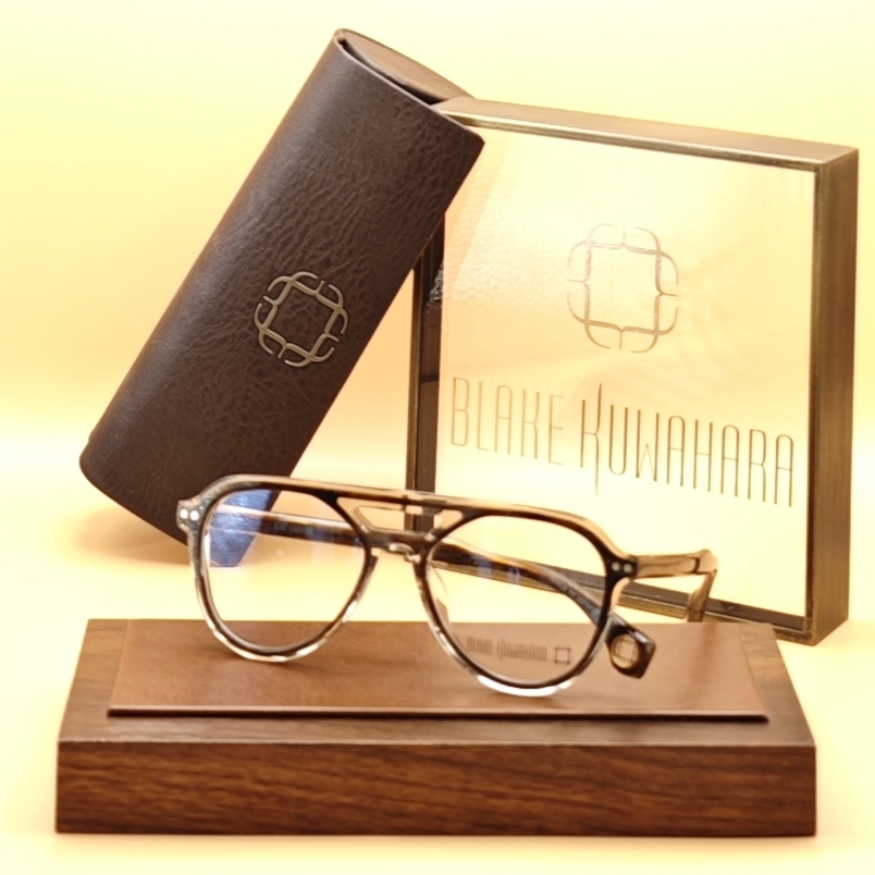 Blake Kuwahara's Spaulding aviator glasses with a double bridge in brown tortoise and metal accents.