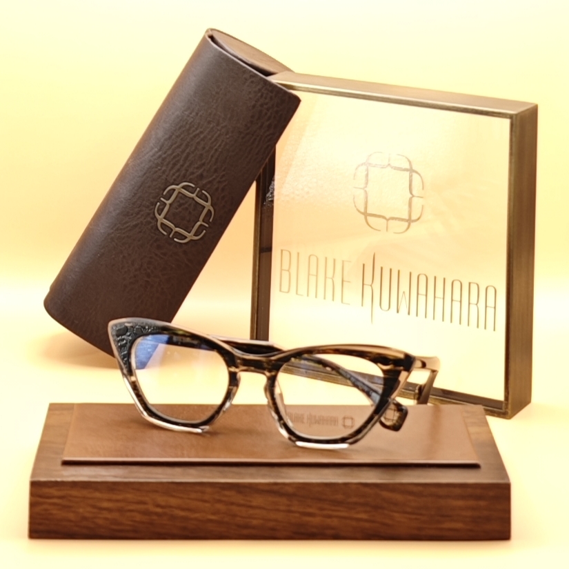 Blake Kuwahara's Frey extreme, upswept cat-eye glasses in a classic brown tortoise pattern.