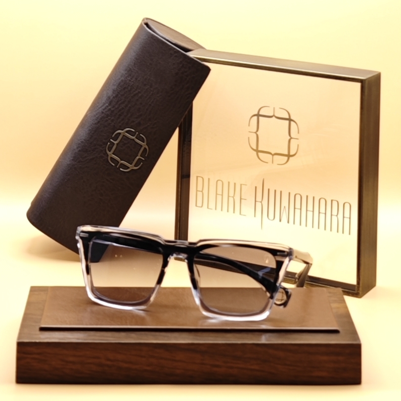 Blake Kuwahara's Neff rectangular glasses with a black to clear/white gradient fade on the frame.